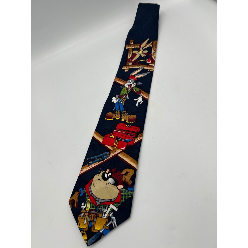 Vintage Looney Tunes Bugs Bunny Taz Wile E Coyote Construction Silk Tie 1994